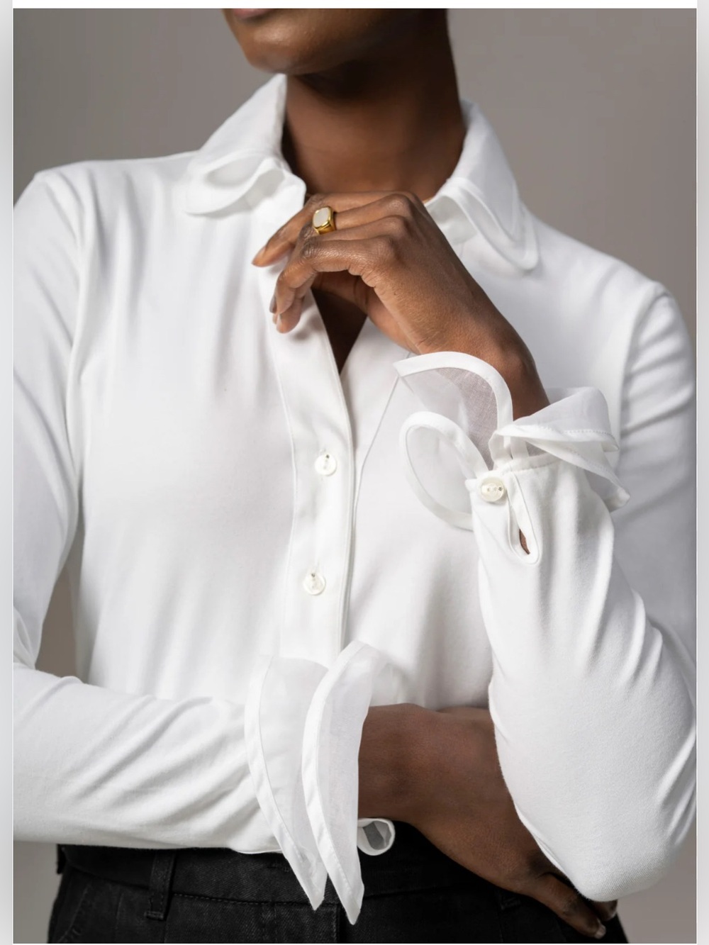 The Shirt Company White Blouse Rhinestone Button details Sheer Cuff Size 4